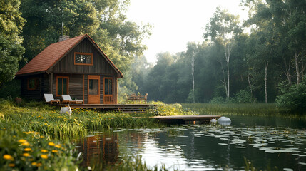 Obraz premium Lakeside cabin in forest, morning sun, tranquil scene, vacation rental
