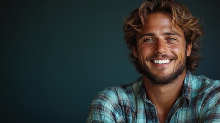 Fototapeta premium A smiling man with curly hair wearing a plaid shirt against a dark background.