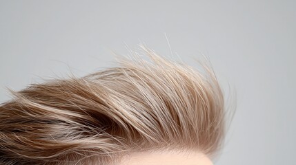 Fototapeta premium Close-up of stylish, textured blonde hair against a soft gray background, showcasing modern grooming trends.