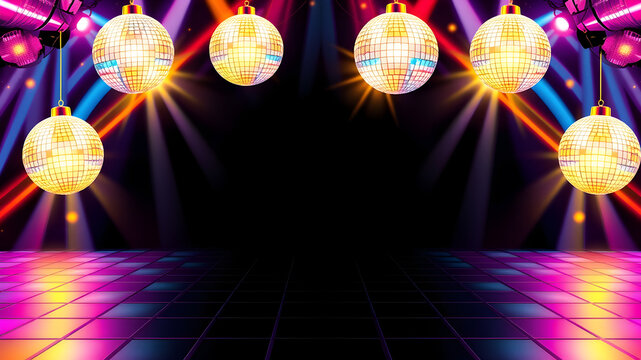 vibrant and fun 70s disco-themed flyer with glittering disco balls, neon lights, and colorful dance floor patterns. The flyer should have a retro style, Generative AI