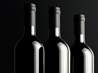 Stylish black wine bottles on dark background