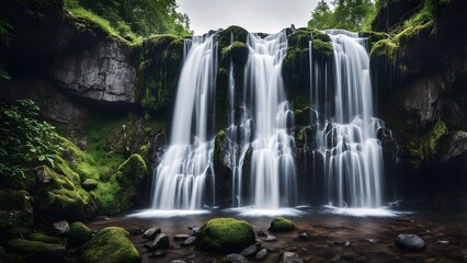 Obraz premium Serene waterfall cascading over moss-covered rocks in a lush green forest.
