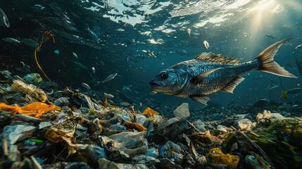 Fototapeta premium Underwater Scene of Barracuda Swimming Through Garbage with Sunlight Filtering Through Ocean Surface
