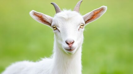 Obraz premium Curious white goat on pasture with green background