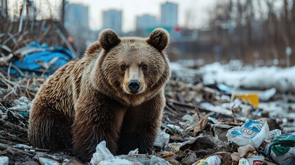 Fototapeta premium Grizzly Bear Sitting Amidst Urban Garbage in Wide Angle Shot Captured in California