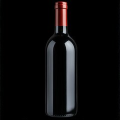 Bottled red wine standing against a black background