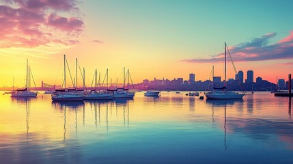 Serene Sunrise over City Skyline with Sailboats