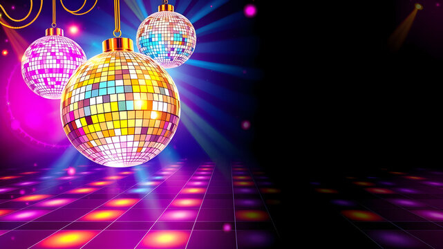 vibrant and fun 70s disco-themed flyer with glittering disco balls, neon lights, and colorful dance floor patterns. The flyer should have a retro style, Generative AI