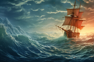 Obraz premium Pirates Ship In Storm Weather Surrealist