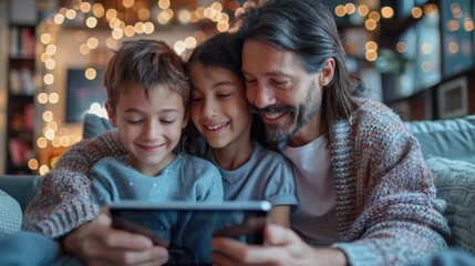 There is a man and two children looking at a tablet