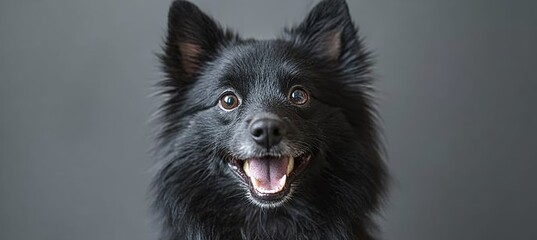 Black dog on gray background. For commerce, business, ads, poster, banner, creative, art design. Generative AI technology.