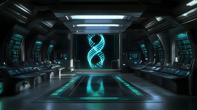 Futuristic control room with a glowing DNA helix on a large screen. Sleek consoles line the walls, displaying technological data. Sci-fi, biotechnology, genetics concept. - Powered by Adobe