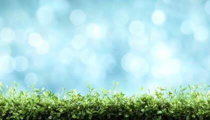 Fototapeta premium Vivid Green Grass Against Blue Sky, Bokeh Effect, Natural Sunlight, Panoramic Background