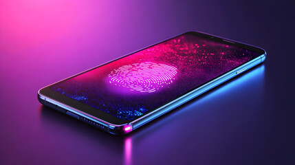 A sleek smartphone displays a glowing fingerprint graphic on its screen, set against a vibrant purple and pink background. The image emphasizes biometric security and modern technology.