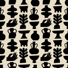 Black and white seamless pattern with ceramic pottery tableware. Silhouettes of different pottery vases and ceramic shapes. Vector illustration.