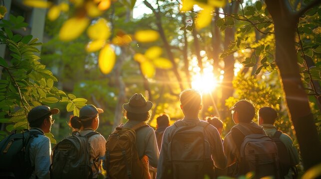 Several people are standing in a forest looking at the sun, travel concept, copy space