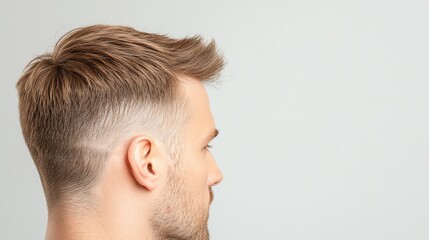 Obraz premium Man with stylish haircut from the back against a neutral background. Modern fashion and grooming concept.