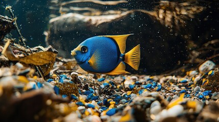 Vibrant Blue Tang Fish Swimming Through Underwater Habitat with Garbage and Natural Elements in Clear Water