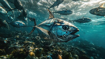 Underwater Scene of Bluefin Tuna Swimming Amongst Marine Debris and Garbage in Ocean Environment