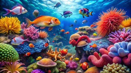 Obraz premium Vibrant Underwater Scene with Colorful Coral and Tropical Fish