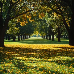 Autumnal Park Path with Golden Leaves