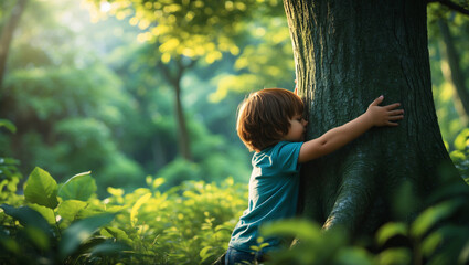 Child Embracing a Tree Trunk Amidst Greenery: Symbolizing Love for Nature on International Day of Forests