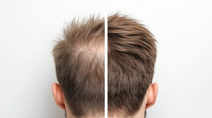 Fototapeta premium Before and after hair restoration on a man's head, showcasing improved hair density and coverage.