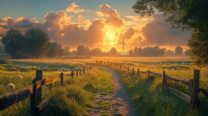 Obraz premium Golden Hour Serenity: A Rustic Path Through a Sheep-Grazed Meadow at Sunset