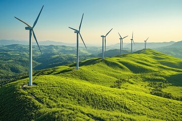 Modern wind turbines rotate scenic hills landscape photography vibrant environment aerial view renewable energy