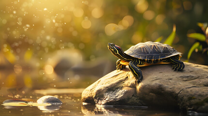 Turtle stretching neck on rock at sunset time
