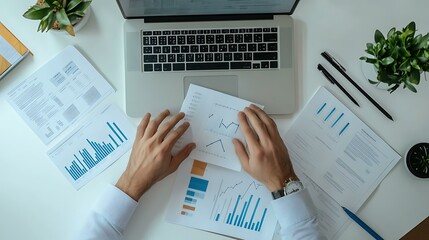 A business manager distributing tasks to team members, using a laptop, with printed documents on the table, set against a clean white background