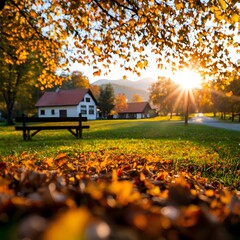 Autumnal Village Sunset: Golden Hour Landscape