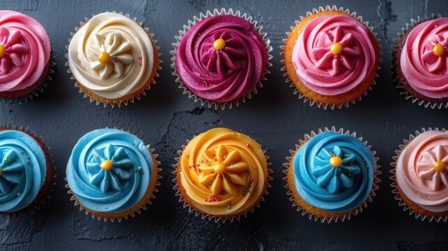 There are many cupcakes with different colors on them, food background - Powered by Adobe