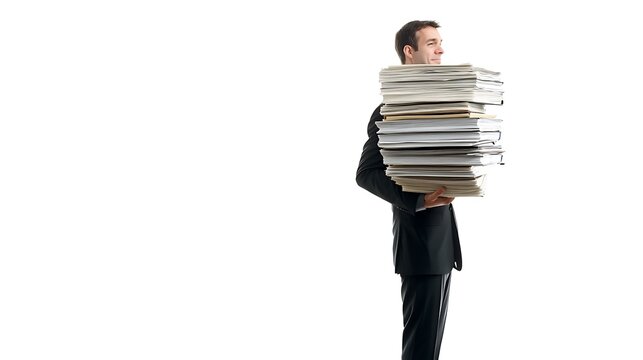A business manager in a formal outfit carrying a stack of files, standing against a clean white background, symbolizing organization and work management