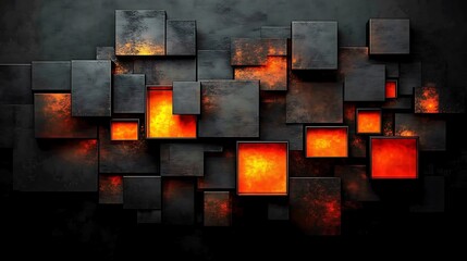 Fototapeta premium Abstract Dark Metal Cubes Glowing Orange Interior