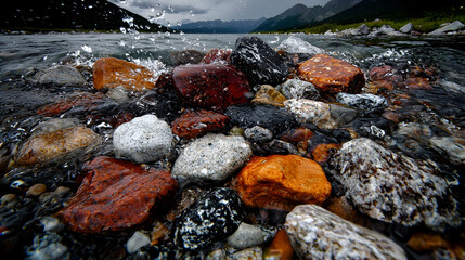 Fototapeta premium Colorful river rocks, splashing water, mountain backdrop; nature photography