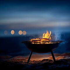 Beach Barbecue at Night Flaming Grill on Sandy Shore under