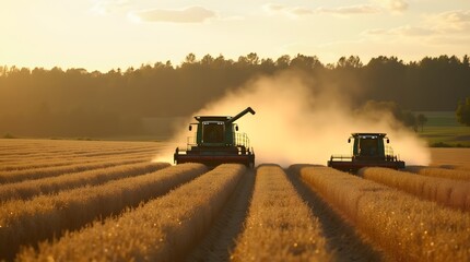 Fototapeta premium combine harvester working on a field. Dust in the field from the combine during the collection of whole grain crops.