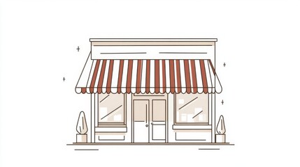 Charming storefront illustration with striped awning, potted plants, and a clean background