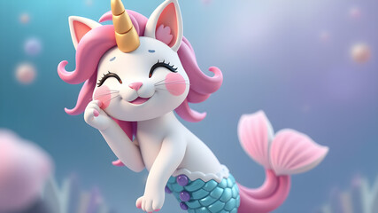 Fototapeta premium Cute character 3D image of mermaid caticorn, smiling and wawing his paw. Generative AI