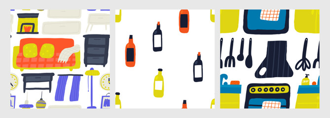 Interior seamless patterns set. Cute hand drawn doodle house furniture inside items repeatable pattern with oven, cooker, sink, hood, stirrer, spatula, whisk, spoon. Modern room background