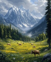 Scenic mountain landscape with grazing animals in meadow
