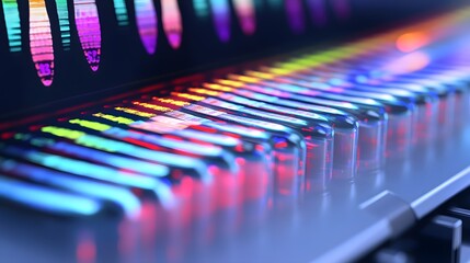 Abstract close-up of vibrant, colorful tubes, resembling a futuristic technological or scientific instrument.  The image evokes feelings of innovation and data processing.