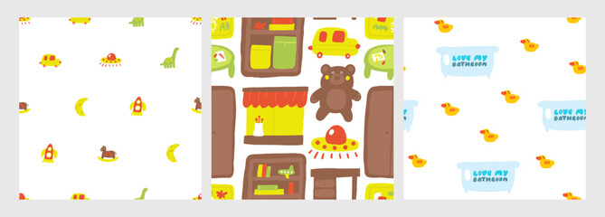 Fototapeta premium Interior seamless patterns set. Cute hand drawn doodle house furniture inside items repeatable pattern with obed, wooden toy, wardrobe, cabinet, car toy, cactus, window, curtains, book cabinet. Modern