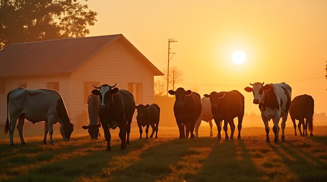 Fermat with several cows producing milk and dairy products. Dairy farm with several cows. A herd of cows in the evening near the barn.