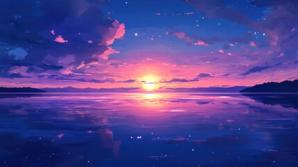 Fototapeta premium Serene sunset over water with pink and purple hues and starry sky reflection art