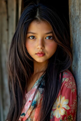 Fototapeta premium A young girl with long black hair leaning against a wooden wall