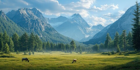 Horses graze in a serene mountain meadow during daylight