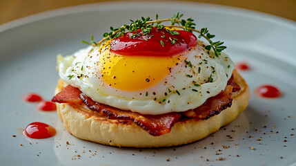 A white plate topped with a fried egg and bacon