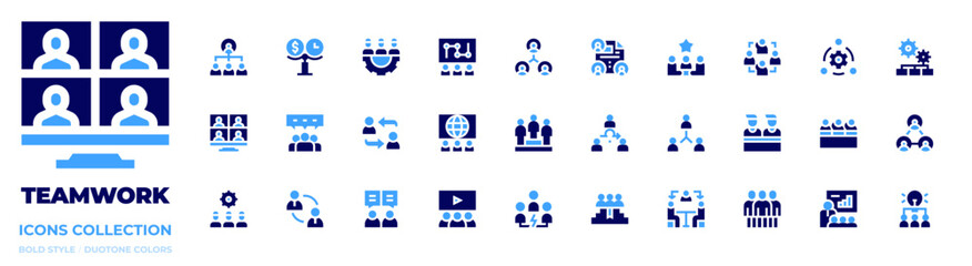 Teamwork icon collection. Bold style. Duotone colors. teamwork, network, presentation, budget, hierarchy structure, videocall, planning, productivity